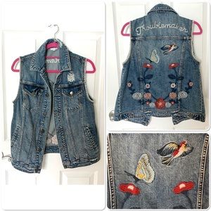 bp Floral Embroidered Long Denim Vest - S